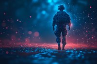 Silhouette of military soldier standing in dramatic lighting with blue and red bokeh effects, digital particles and fog creating atmospheric warfare scene.