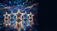 Five glowing stars with golden light trails and sparkling particles on dark background for rating, review, excellence and achievement concepts.