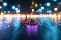 Glowing water drop creates radial light pattern with purple and blue streaks against blurred bokeh background, capturing motion and reflection in macro photography.