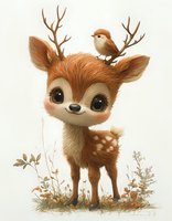 Adorable baby deer with spotted fur and large eyes standing in autumn foliage while tiny bird perches on antlers. Whimsical woodland art style on light background.