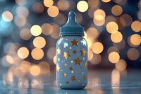 Baby bottle decorated with golden stars against blurred bokeh lights background creating magical nursery atmosphere for sweet dreams and bedtime.