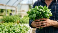 Mature male farmer holding fresh basil seedling in greenhouse nursery with rows of plants in background for agricultural and gardening content.