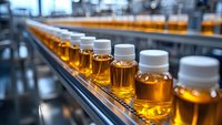 Pharmaceutical manufacturing line with amber liquid medicine in plastic bottles moving on automated conveyor belt, industrial production facility background.