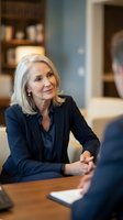 Mature woman with shoulder-length blonde hair, Caucasian ethnicity, wearing dark navy blazer in professional office setting during business meeting or interview conversation.
