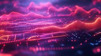 Abstract digital wave landscape with glowing pink and purple particles flowing over dark background, creating dynamic network visualization for technology concepts.