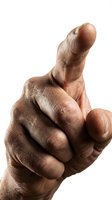 Close-up of male hand with medium skin tone making pointing gesture against white background, isolated for design use on apparel, signage, and marketing materials.