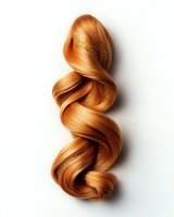 Elegant copper-colored hair strand with gold glitter accents twisted in a wavy pattern against white background, showcasing salon styling techniques.
