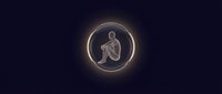 Silhouette of contemplative person sitting in glowing neon circle on dark background, suitable for wellness, mental health, meditation, and introspection design projects.