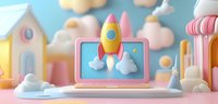 Colorful rocket launching from laptop screen in dreamy 3D pastel world with clouds houses and candy shop elements for startup business concepts.