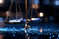 Vintage brass balance scale on dark background with magical blue glitter sparkles and bokeh lights creating mystical atmosphere for law and justice concepts.