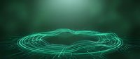 Glowing turquoise digital waves and flowing lines create an abstract futuristic portal effect on dark green background, suitable for technology and sci-fi designs.