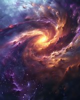 Mesmerizing spiral galaxy with vibrant orange and purple cosmic clouds swirling around a bright golden center, perfect for astronomy presentations or science fiction artwork backgrounds.