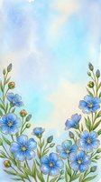 Watercolor blue flax flowers with green stems and buds on a soft pastel sky background, perfect for cards, posters, and social media.