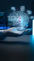 Hand holding glowing neural network brain with education icons, representing artificial intelligence learning, digital innovation, and technology solutions for business and training.
