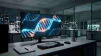 Futuristic laboratory workstation with holographic DNA double helix projection on computer monitor for genetic research and biotechnology applications.