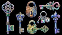 Ornate vintage keys with decorative crowns, locks, and floral details isolated on transparent background. Ready for t-shirt design, clipart, stickers, sublimation, and print-on-demand products.