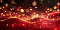 Abstract red and gold glowing particles with bokeh lights creating magical wave pattern against dark background, festive sparkle effect for holiday designs.
