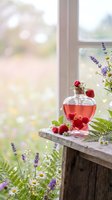 Strawberry infused drink in glass bottle with fresh berries and wildflowers on rustic wooden table by bright window for summer beverage and natural lifestyle concepts.