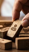 Hand holding wooden block with person icon among scattered business symbol blocks for human resources and team management concepts.