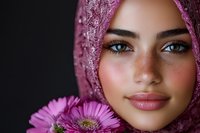 Middle Eastern woman wearing pink hijab with gerbera daisy flower, close up portrait showing natural freckles, blue eyes and soft makeup against dark background.