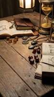 Vintage tabletop role-playing game setup with dice, hourglass, ancient books, scrolls and lantern on weathered wooden surface for fantasy gaming adventures.