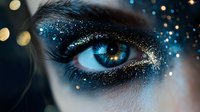Magical close-up of blue eye with glitter makeup and sparkles. Dark dramatic cosmetics with golden shimmer details creates mystical fantasy beauty look.
