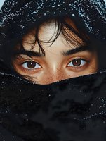 Close-up portrait of brown eyes with freckles peering above black fabric face covering, dramatic lighting highlights natural beauty and mystery.