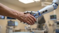 Mature adult male with tanned skin shaking hands with advanced robotic prosthetic arm in medical facility setting, symbolizing innovation in assistive technology and rehabilitation.