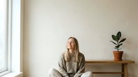 Young woman with long blonde hair wearing a beige knit sweater sits on wooden bench beside potted plant, gazing upward in contemplative pose against neutral wall.