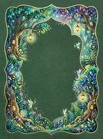 Enchanted forest frame with fairies, glowing lanterns, magical trees, and lush greenery, perfect for fantasy invitations and greeting cards.