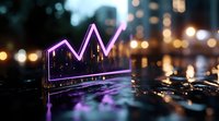 Glowing neon purple financial chart graph with rising trend line on reflective surface against blurred city lights background creates modern business concept.