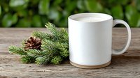White ceramic mug with candle next to pine branches and cone on rustic wooden table against green foliage background, creating cozy winter atmosphere.