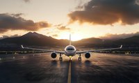 Commercial passenger aircraft on runway during dramatic mountain sunset, front view with glowing sky and dark clouds creating atmospheric aviation scene.