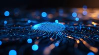 Glowing digital fingerprint with radiating circuit lines on dark background with blue bokeh lights, representing biometric security and identity verification.