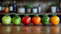 Fresh tomatoes in various ripening stages from green to red and yellow arranged in line on wooden surface, showing natural progression of tomato maturation process.