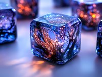 Glowing blue ice cube with frozen copper wire inside creates magical atmosphere against blurred bokeh background. Artistic macro photography for winter designs.