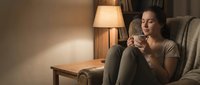 Young woman relaxing at home in cozy living room, sitting on sofa with warm lamp lighting, enjoying peaceful evening moment with hot beverage in comfortable setting.