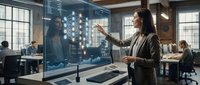 Professional businesswoman presenting data analytics on interactive display screen in modern corporate office environment for strategic planning.
