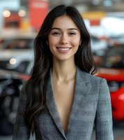 Young Asian businesswoman with long dark hair wearing grey blazer smiling confidently at camera in modern office or corporate setting with blurred background.