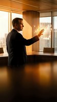 Middle-aged Caucasian businessman in suit analyzing holographic financial charts and data visualization in modern office with city view at sunset.