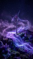 Wind turbine generating renewable energy under starry night sky with purple cosmic light streams flowing through rocky landscape for sustainability concepts.