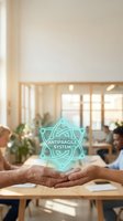 Hands presenting glowing antifragile system hologram in modern office workspace with team collaboration background for business resilience concepts.