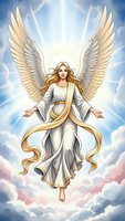 Heavenly angel with golden wings floating in divine light among clouds. Female celestial being in flowing white robes with halo for spiritual and religious concepts.