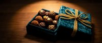 Luxury chocolate truffles in open black box with teal velvet gift box tied gold ribbon on wooden surface, premium confectionery gift.