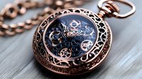 Ornate copper pocket watch with intricate mechanical gears visible through transparent face, attached to decorative chain on wooden surface.