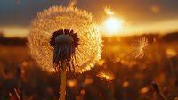 Glowing dandelion seeds floating in golden sunset light, close up view of delicate fluffy seedhead against warm summer evening sky with bokeh effect in background.