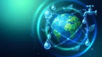 Global water conservation concept with low poly Earth, water drops, faucet, and green leaves on teal digital background.