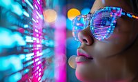 Young woman wearing futuristic LED light glasses in neon environment with bokeh lights and digital display reflections, cyberpunk style portrait in pink and blue tones.