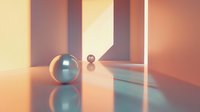 Minimalist abstract composition with metallic spheres on reflective surface in warm orange and teal tones, dramatic lighting creates geometric shadows.