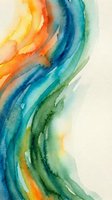 Abstract watercolor painting with flowing curved brushstrokes in vibrant orange, blue and green hues creating dynamic movement and artistic expression.